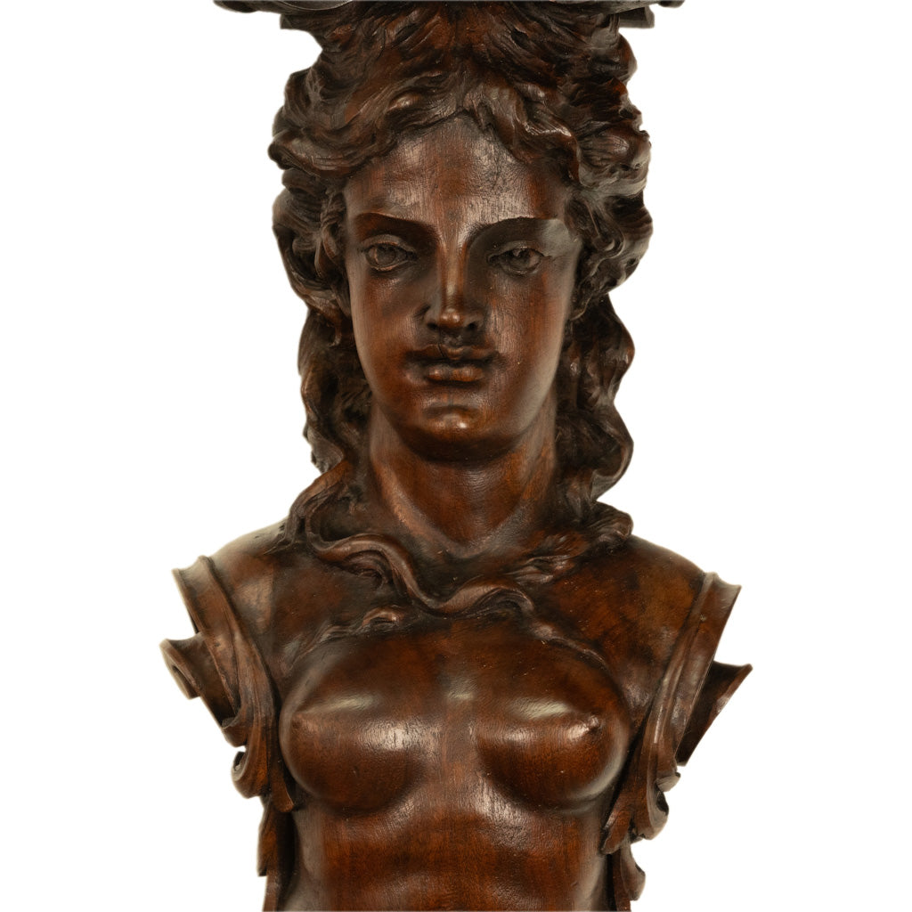 Antique 19thC Italian Carved Walnut Renaissance Revival Pair Caryatid Brackets, Circa 1850