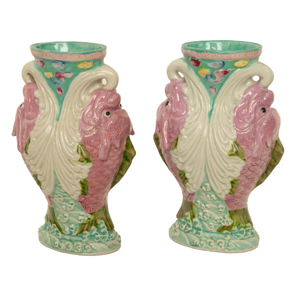 Pair Antique Chinese Qing Dynasty Wucai Glaze Porcelain Double Dragon Fish Vases, 1890