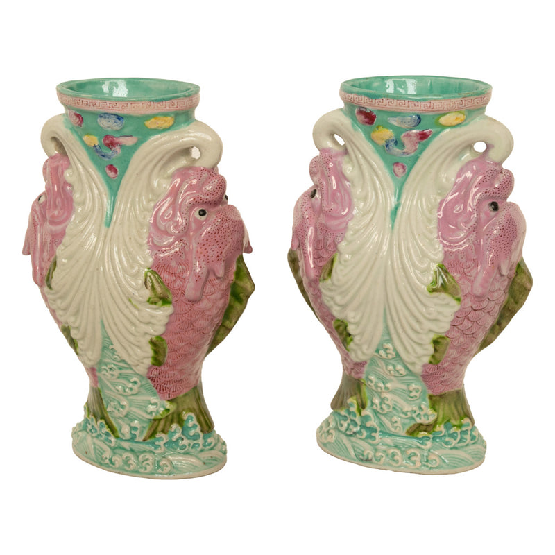 Pair Antique Chinese Qing Dynasty Wucai Glaze Porcelain Double Dragon Fish Vases, 1890