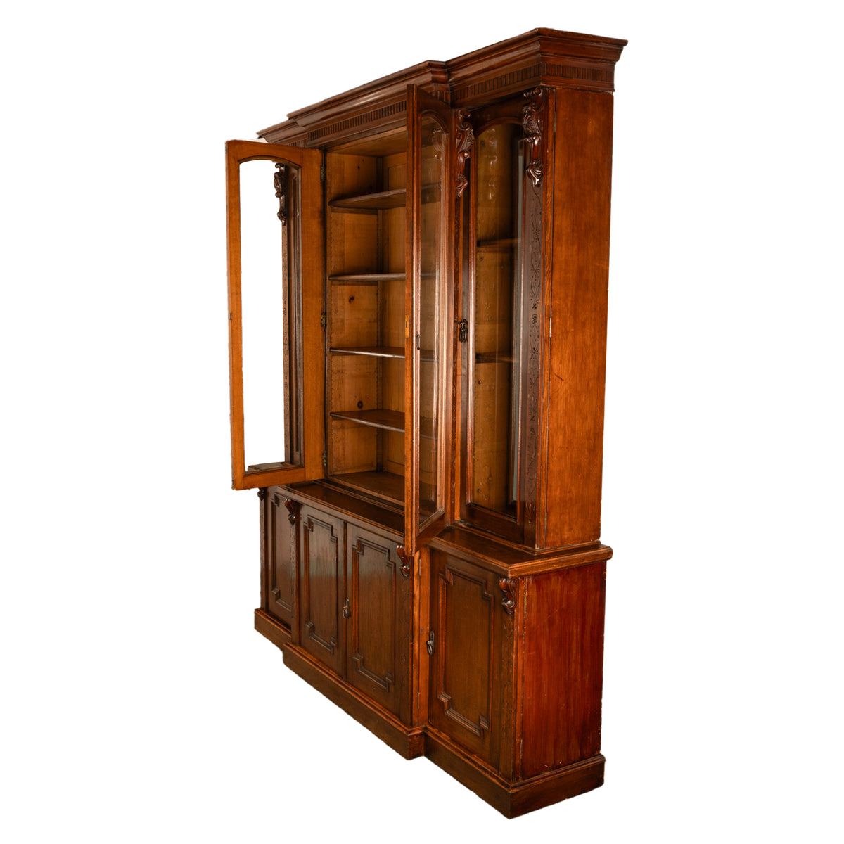 Antique Monumental Irish Carved Oak Breakfront Bookcase Library Bibliotheque circa 1860