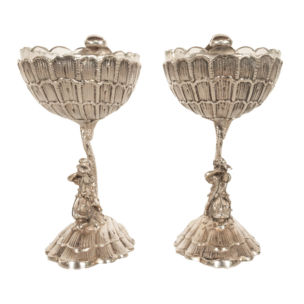 Antique Pair German Silver Master Salts Grotto Shells Putti Dolphins Hannau 1890