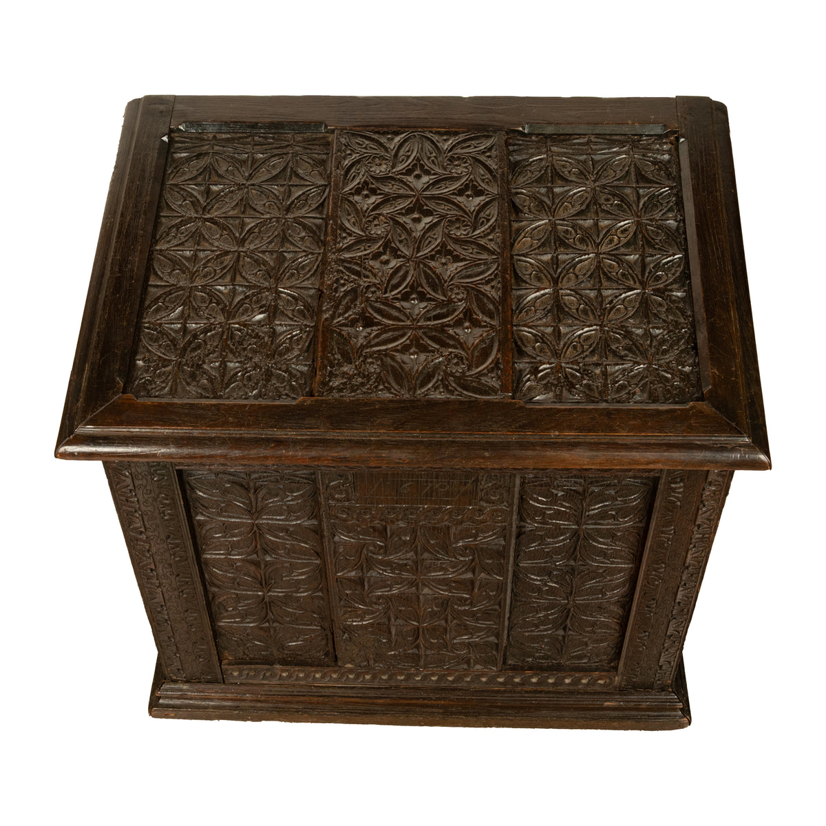 Antique French Medieval Gothic Carved Oak Chest Coffer 17th Century Panels 1679
