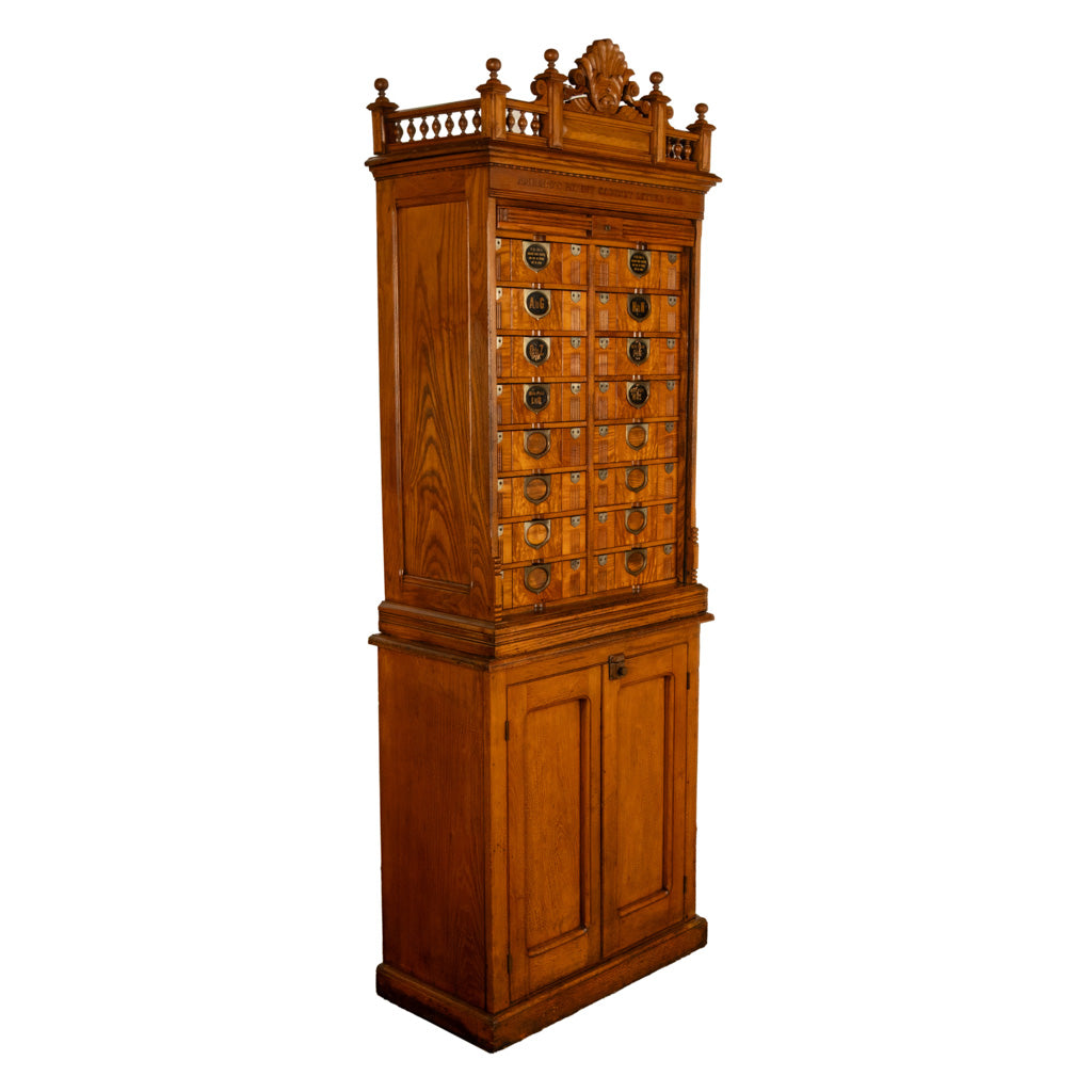 Antique American Carved Oak Victorian Roll Top Letter File Cabinet Amberg Co, 1883