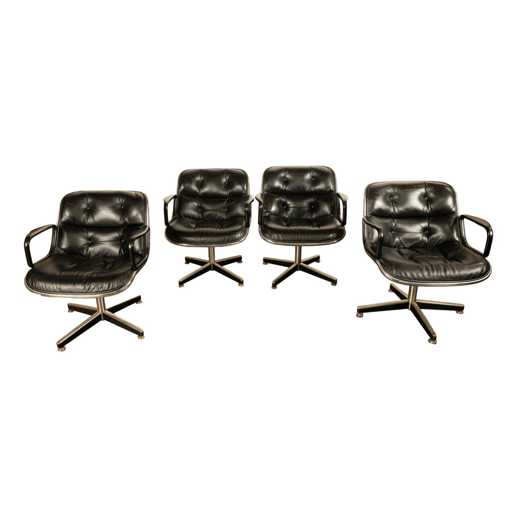 Set of 4 Mid Century Modern Charles Pollock Knoll Black Leather Executive Chairs, 1963
