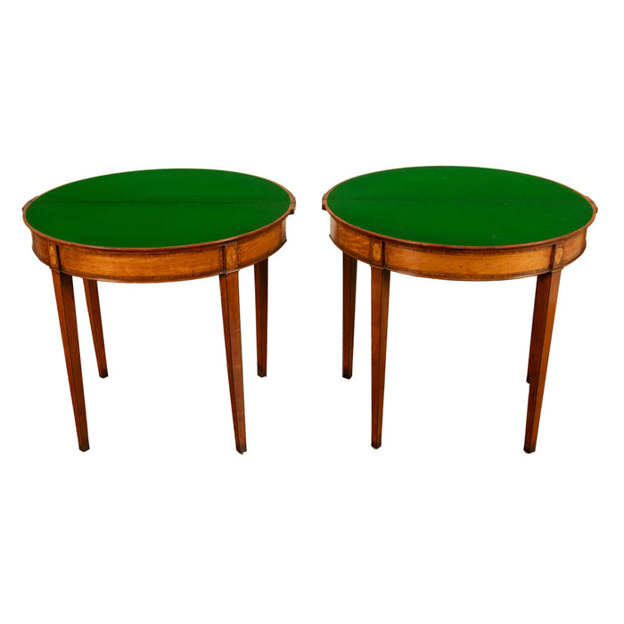 Antique Pair of Georgian Demi-lune Inlaid Mahogany & Stainwood Card Tables 1780 Ex-Christies