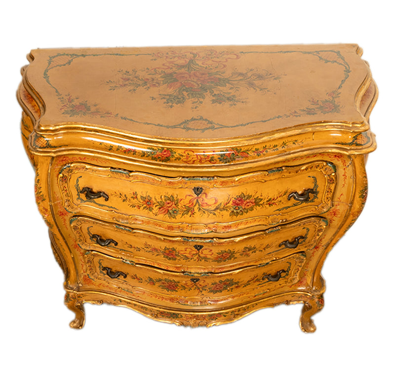 Antique 19th Century Italian Venetian Rococo Hand Painted Bombe Commode Chest of Drawers 1820