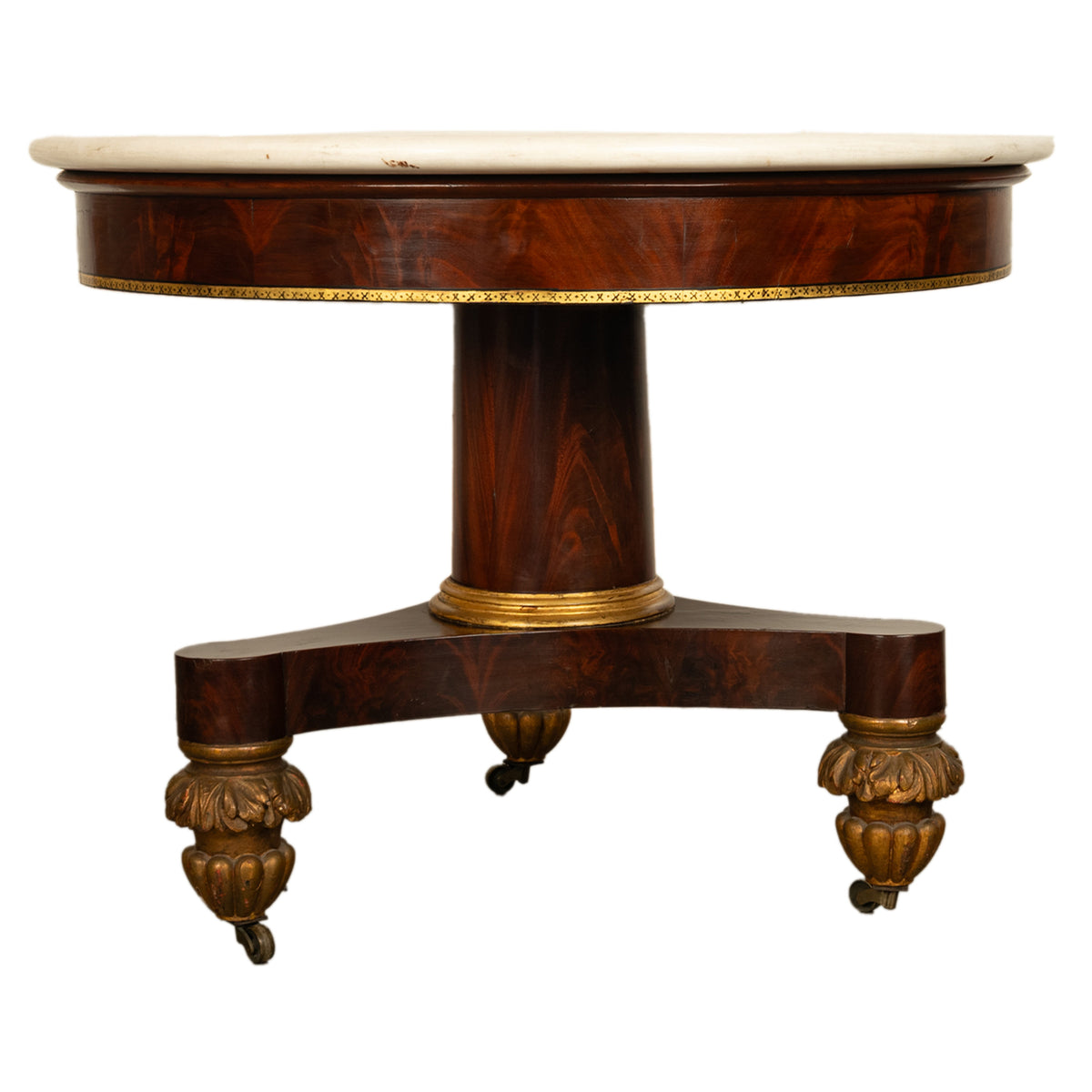 Antique American Classical Mahogany Marble Top Parcel Gilt Round Center Table New York Duncan Phyfe 1825