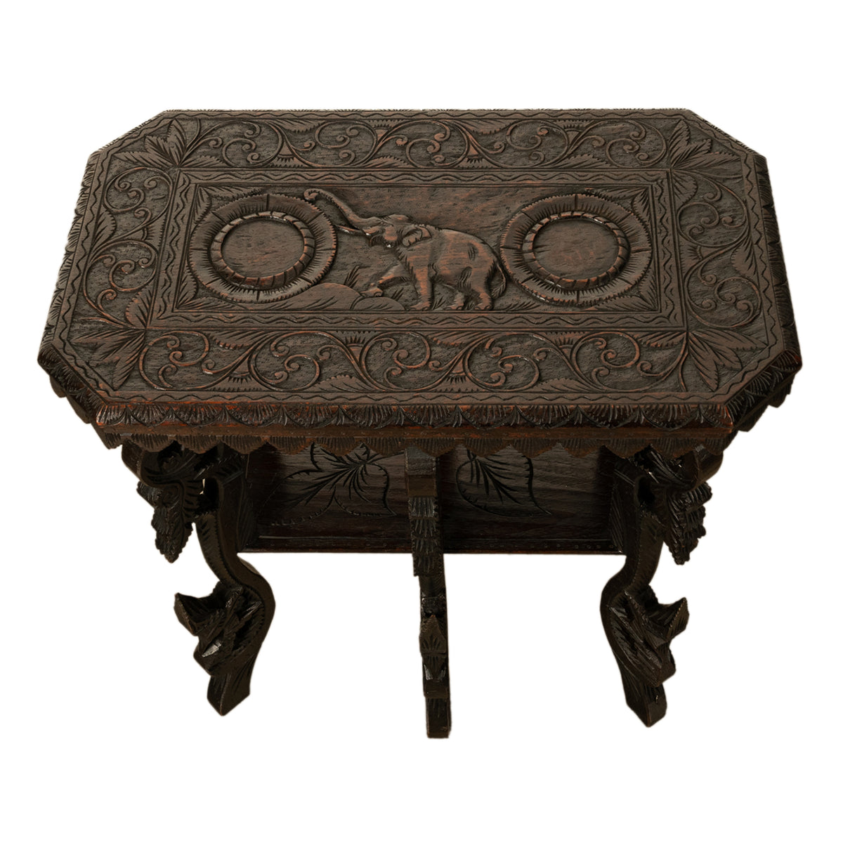 Antique Carved Anglo Indian Teak Wood Elephant Twin Tier Lamp Side Table 1900