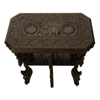 Antique Carved Anglo Indian Teak Wood Elephant Twin Tier Lamp Side Table 1900