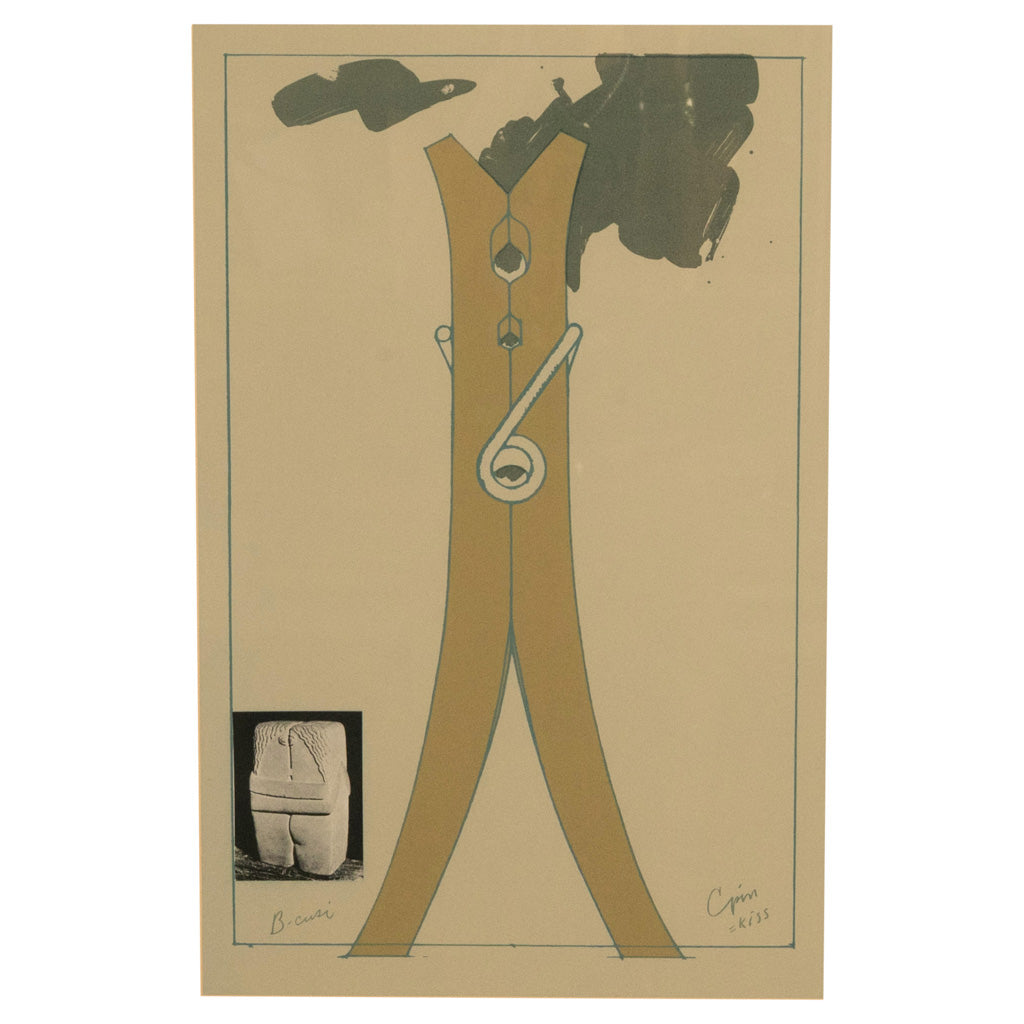 Pop Art Silk Screen Print and Collage "Clothespin Brancusi's Kiss" Philadelphia by Claes Oldenburg, 1972