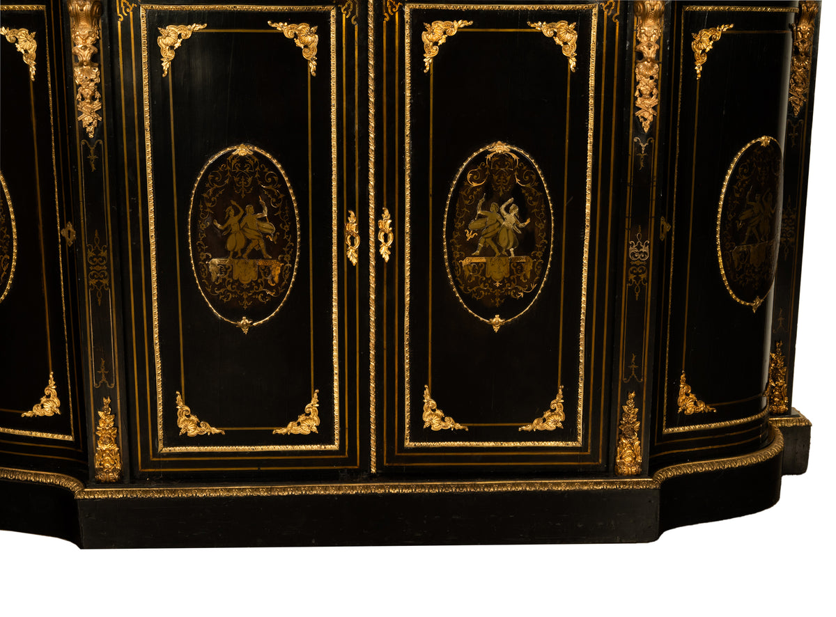 19th Century French Napoleon III Ormolu & Marble Ebonized Cabinet Sideboard 1860