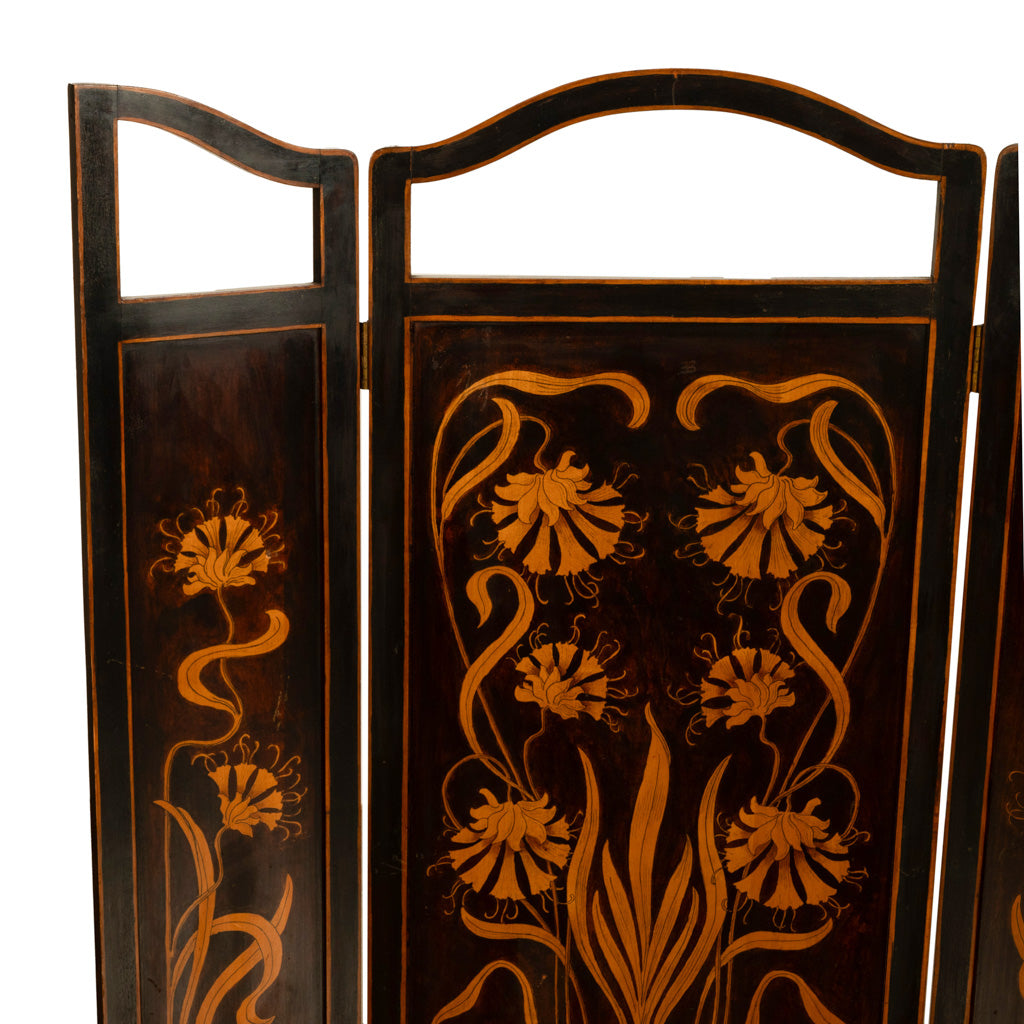 Antique Art Nouveau Mahogany Painted Fire Folding Screen Liberty Co London 1900