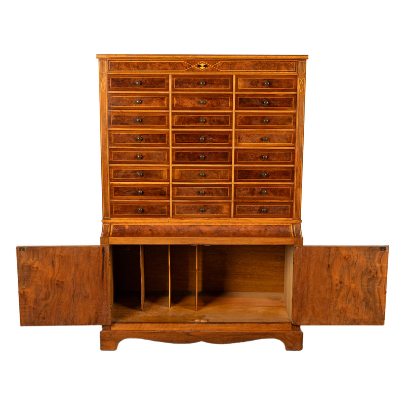 Antique Art Deco Inlaid Marquetry Burl Walnut 24 Drawer Filing Collectors Cabinet Circa 1920