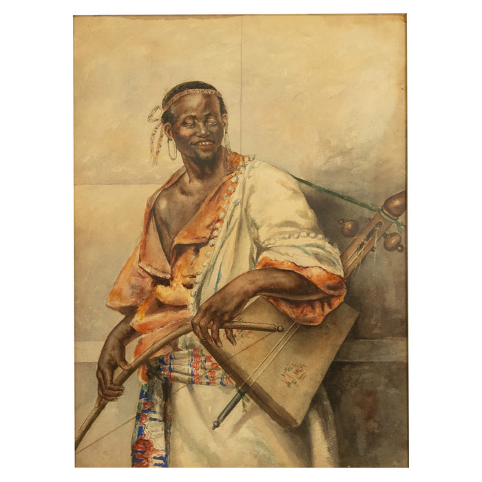 Antique 19thC Spanish Orientalist Painting North African Arab Berber Musician by Antonio Rivas, 1880