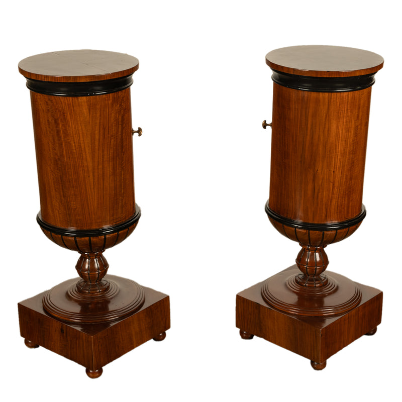 Pair Antique Austrian Walnut Biedermeier Drum Pedestal Cabinets Nightstands 1830