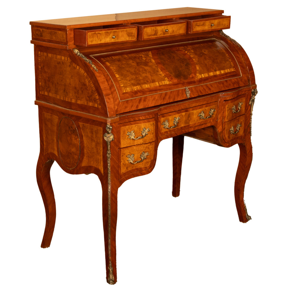 Antique French Louis XV Cylinder Marquetry & Ormolu Bureau Writing Desk 1880