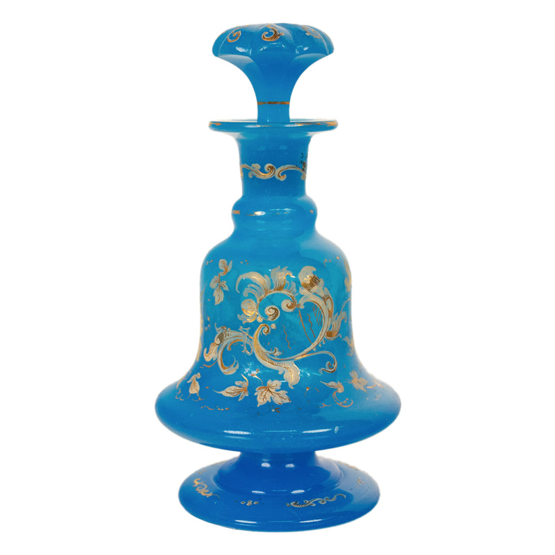Antique Pair French Blue Opaline Gilded Enamel Glass Perfume Bottles Flacon 1850