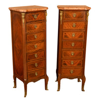 Pair Antique French Semainier Ormolu Inlaid Lingerie Marble Chests Dressers 1900