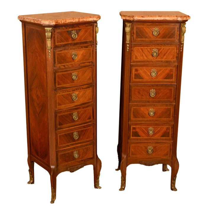 Pair Antique French Semainier Ormolu Inlaid Lingerie Marble Chests Dressers 1900