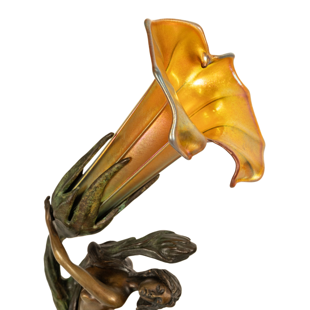 Antique Art Nouveau Austrian Bronze Figural Lamp Loetz Glass Gustav Gurschner, 1905