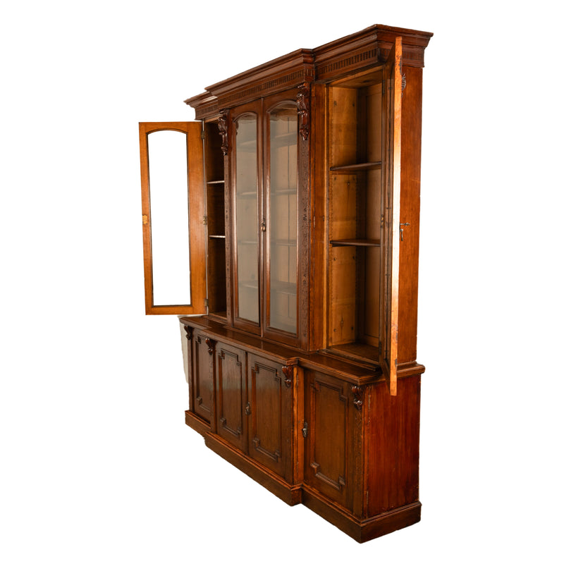 Antique Monumental Irish Carved Oak Breakfront Bookcase Library Bibliotheque circa 1860