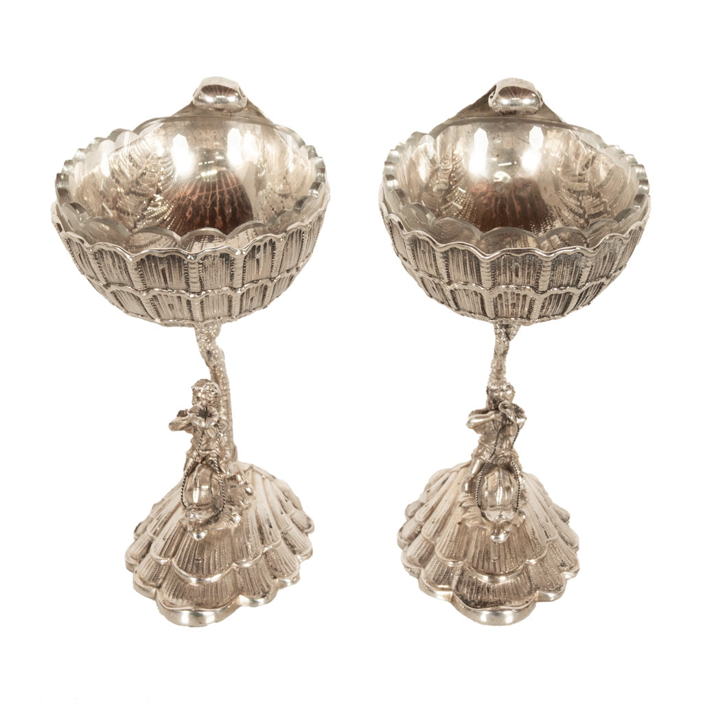 Antique Pair German Silver Master Salts Grotto Shells Putti Dolphins Hannau 1890