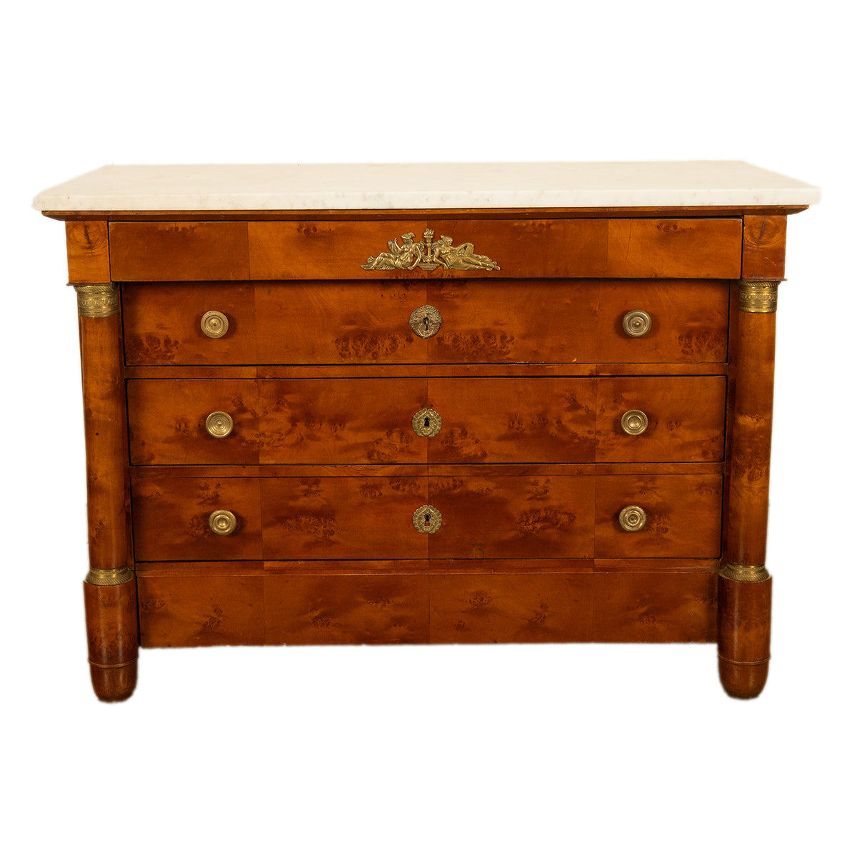 Antique 19th Century French Empire Burl Walnut Marble Ormolu Chest Drawers Commode 1810