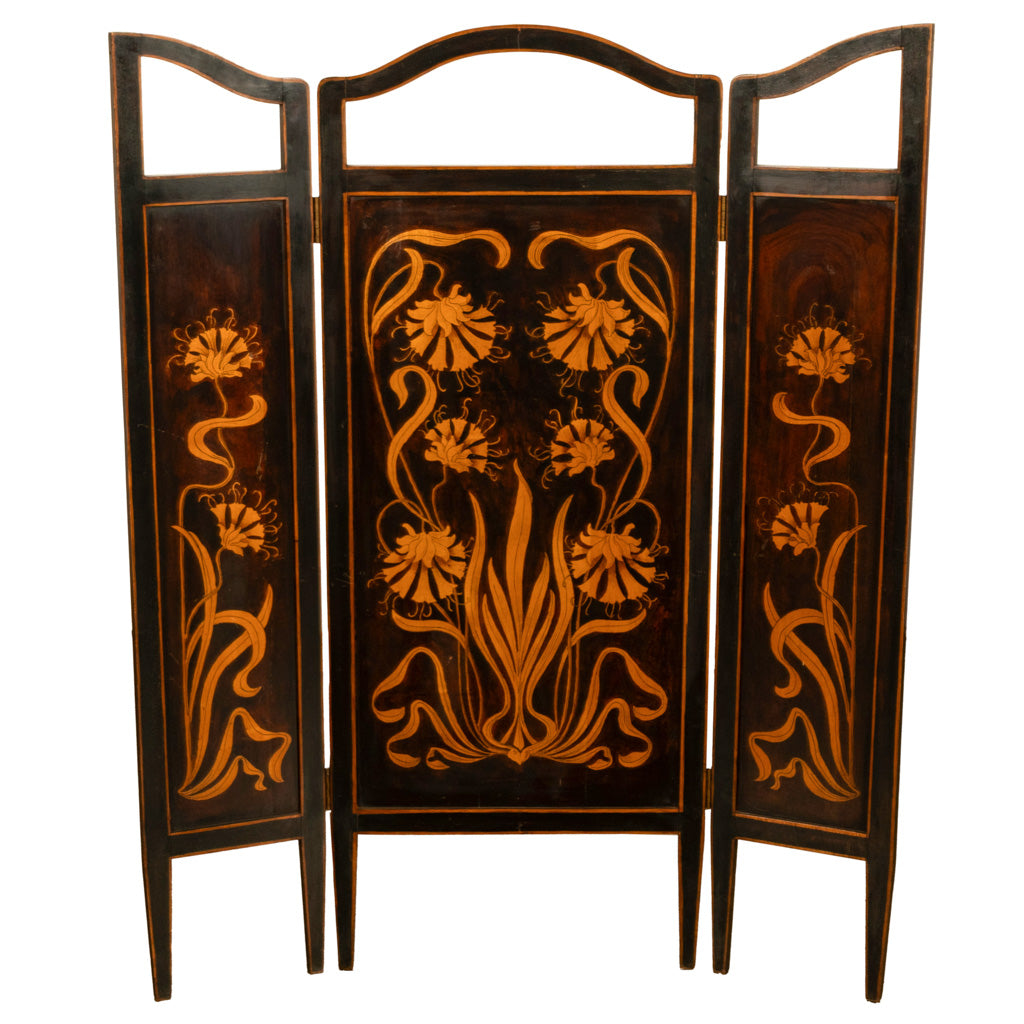 Antique Art Nouveau Mahogany Painted Fire Folding Screen Liberty Co London 1900