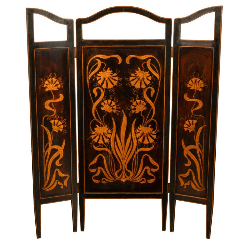 Antique Art Nouveau Mahogany Painted Fire Folding Screen Liberty Co London 1900