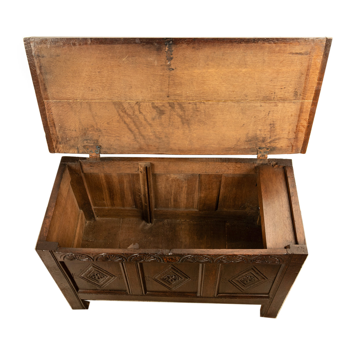 Antique English 17th Century Charles II Carved Oak Coffer Panelled Chest 1680