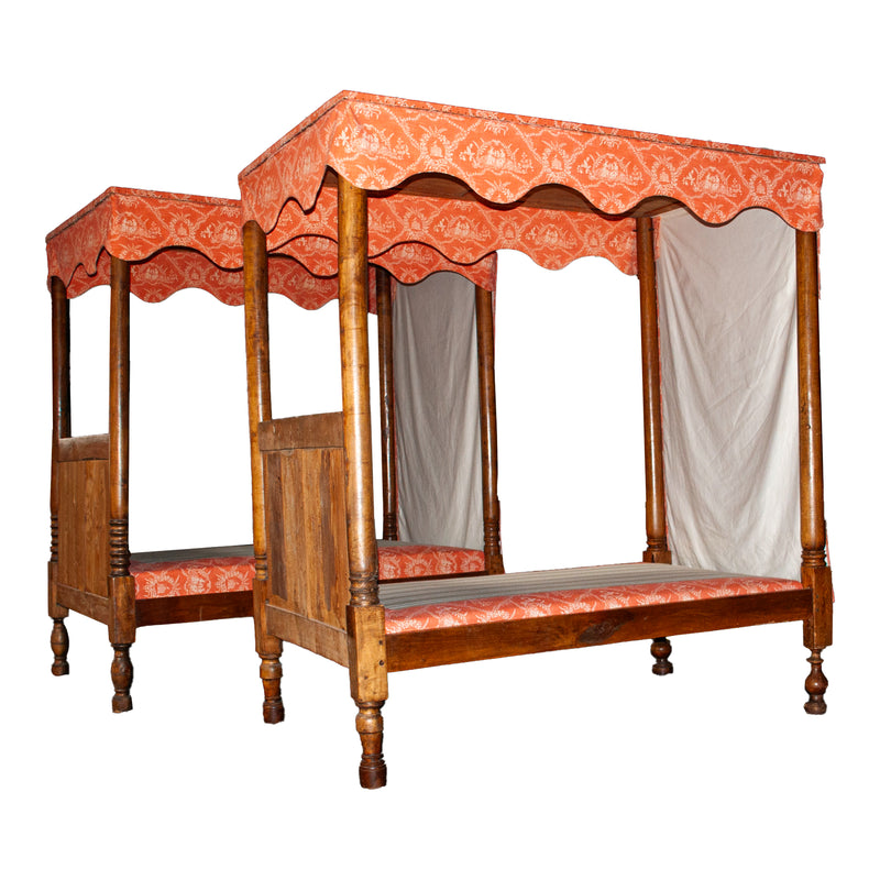 Pair 18th Century Antique French Four Poster Tester Canopy Cherry Twin Beds 1780