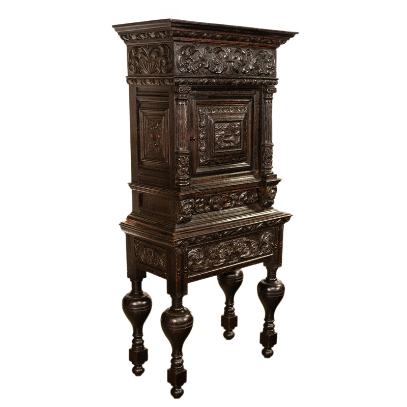 Antique 17th Century Dutch Carved Ebonized Oak Credence Cabinet on Stand 1680