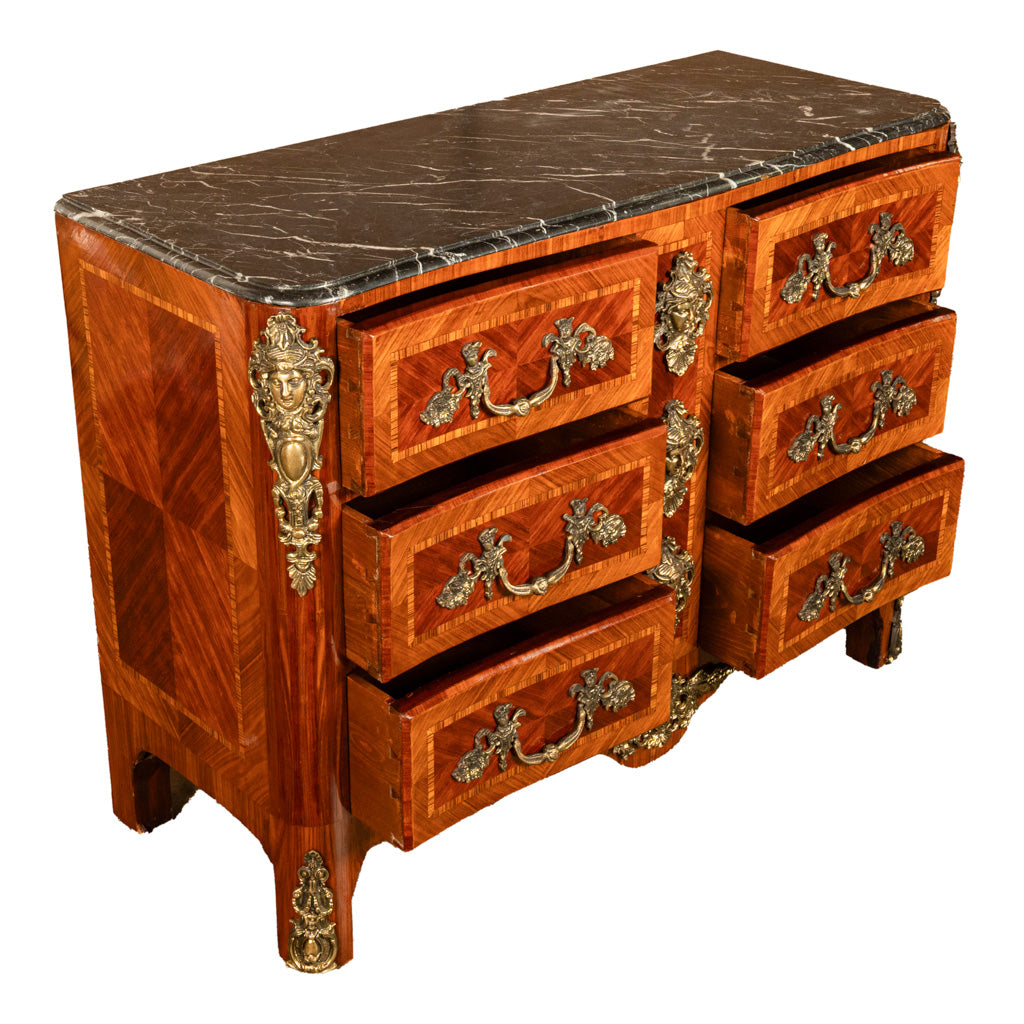 Antique 18thC French Louis XV Ormolu Inlaid Kingwood Marble Commode Chest 1780