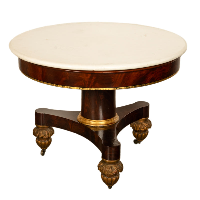 Antique American Classical Mahogany Marble Top Parcel Gilt Round Center Table New York Duncan Phyfe 1825