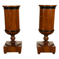 Pair Antique Austrian Walnut Biedermeier Drum Pedestal Cabinets Nightstands 1830