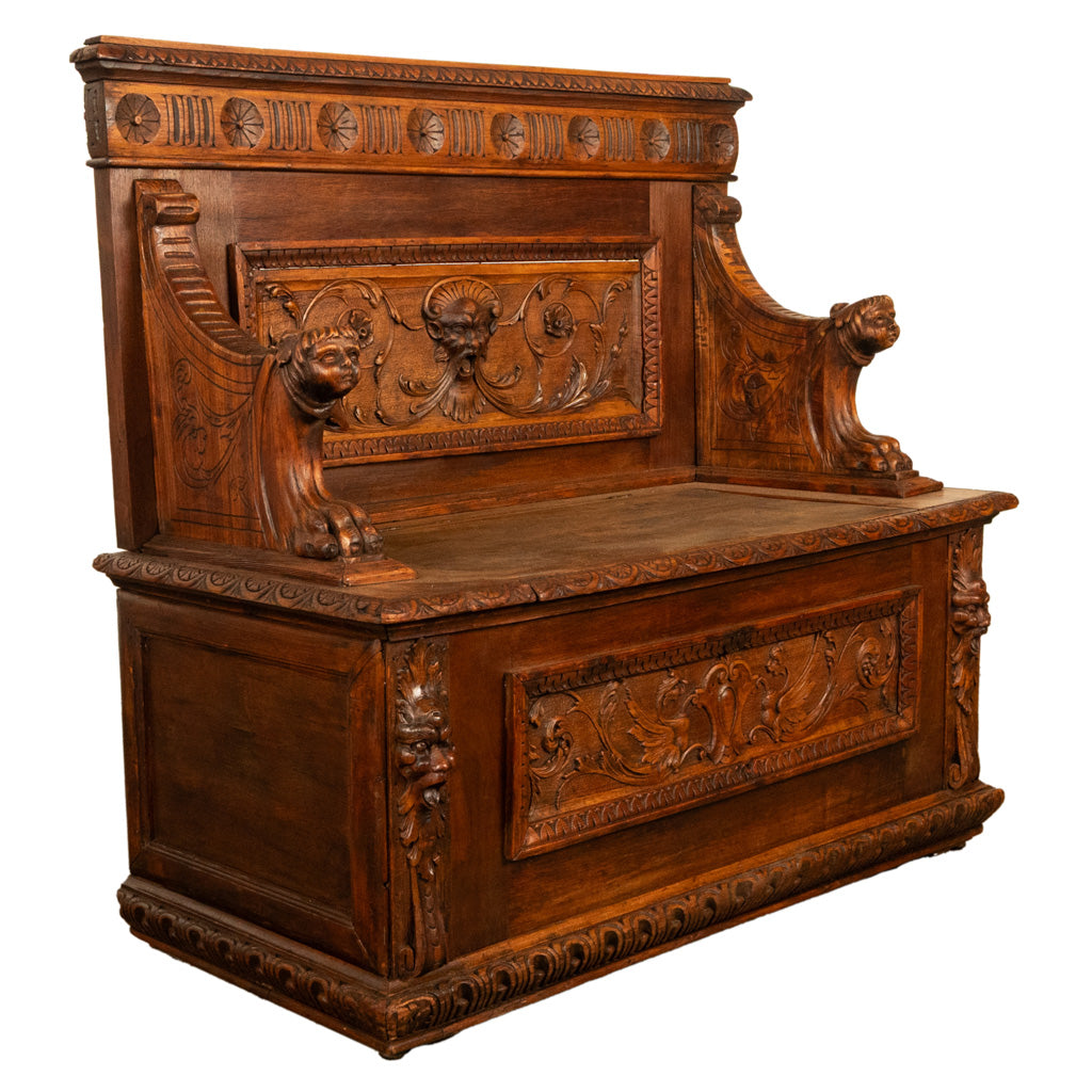 Antique 19th Century Italian Renaissance Revival Carved Walnut Bench Settle 1880