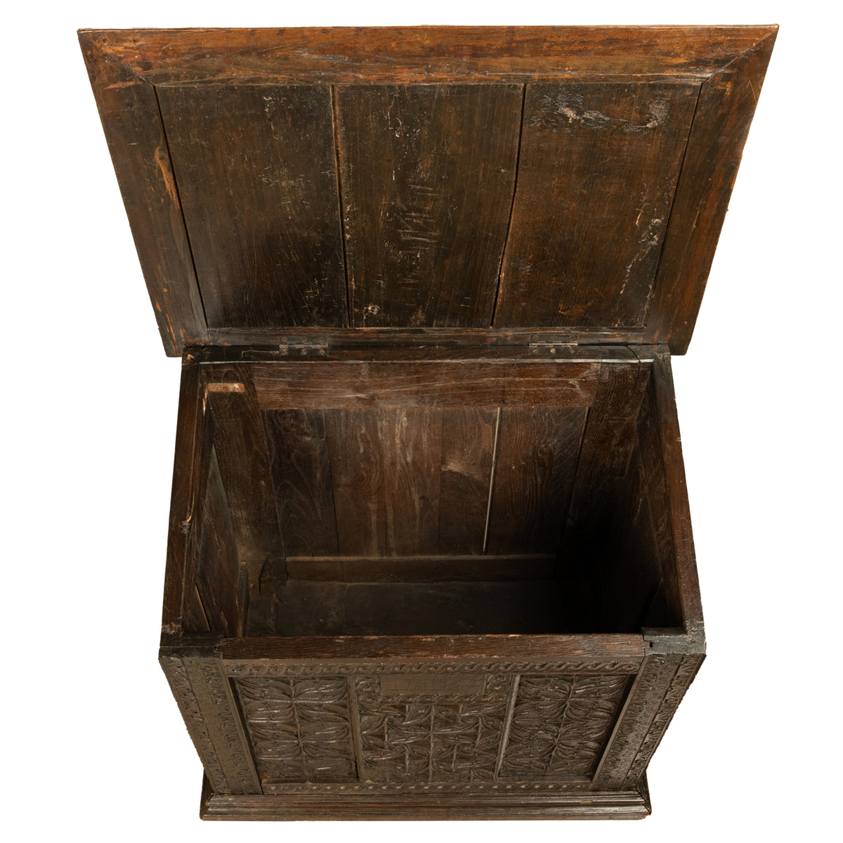 Antique French Medieval Gothic Carved Oak Chest Coffer 17th Century Panels 1679