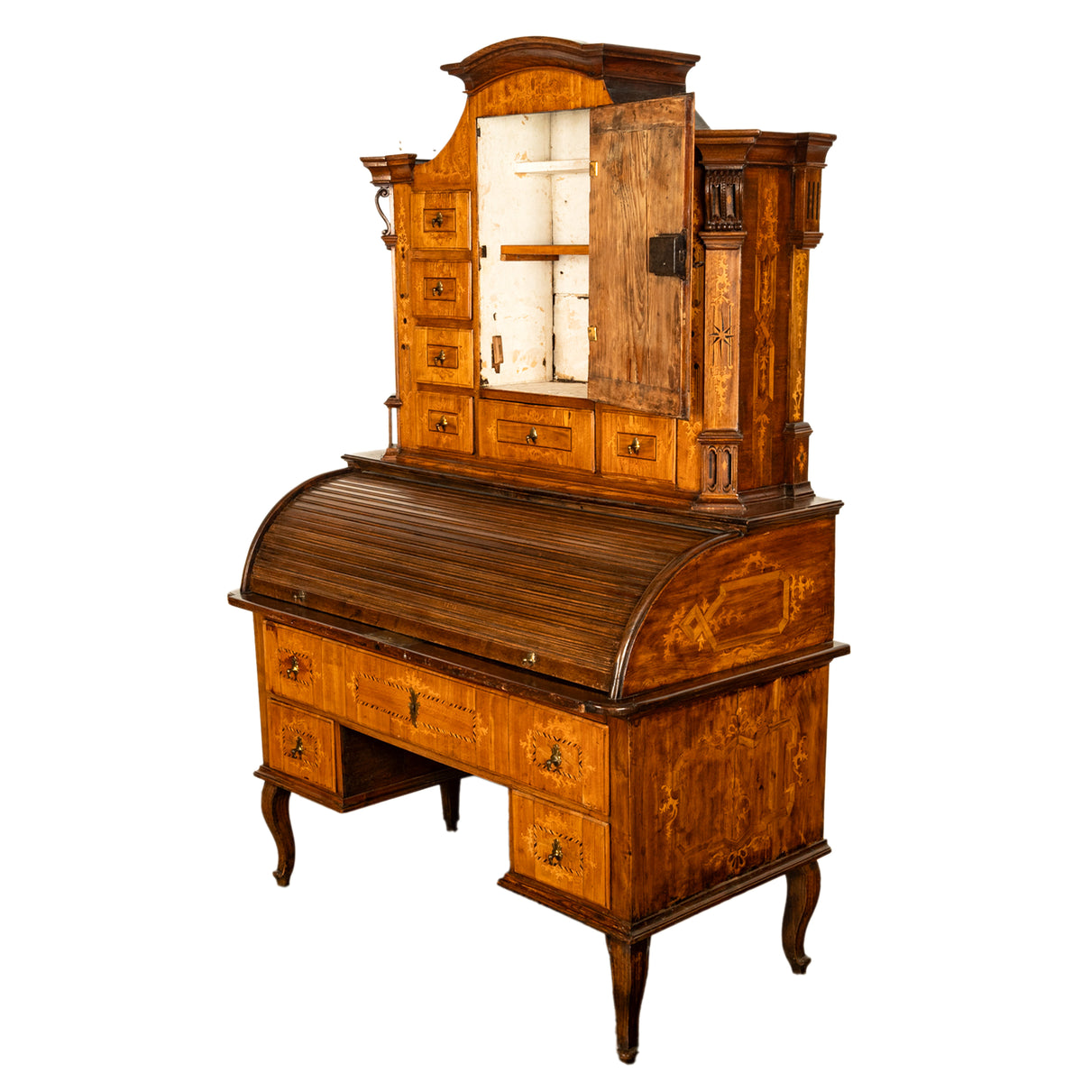 Antique Austrian Baroque Biedermeier Marquetry Roll Top Tabernacle Cabinet Desk Circa 1820