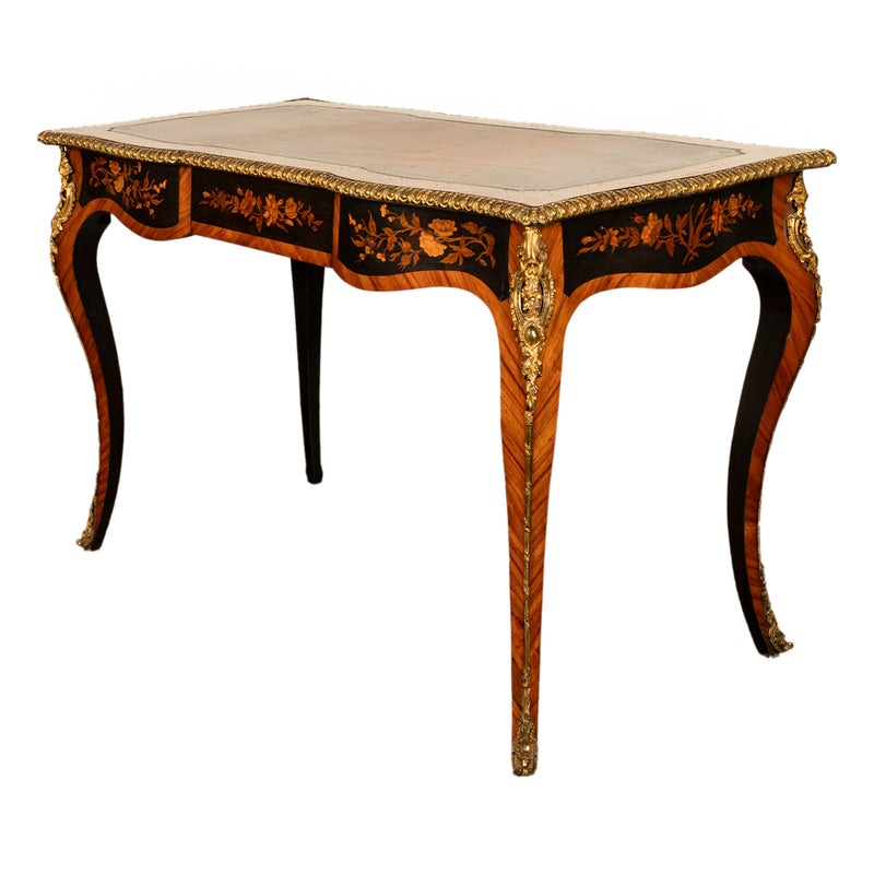 Antique French Louis XV Tulipwood Marquetry Ormolu Bureau Plat Writing Table Circa 1880