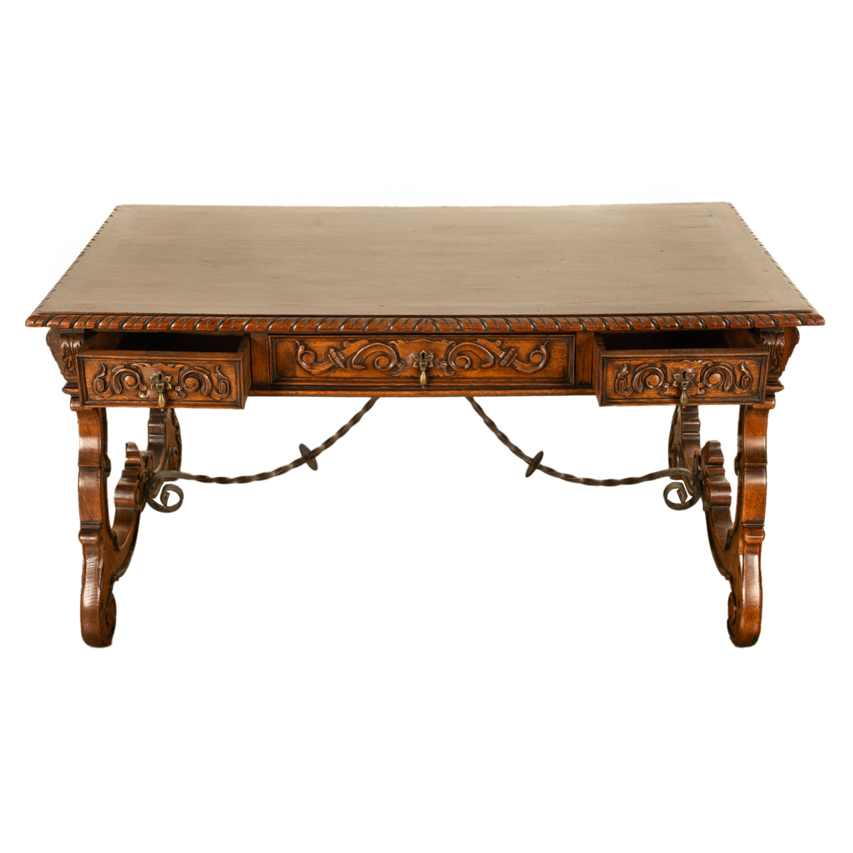 Antique Spanish Carved Walnut Baroque Partners Desk Writing Trestle Table 1880