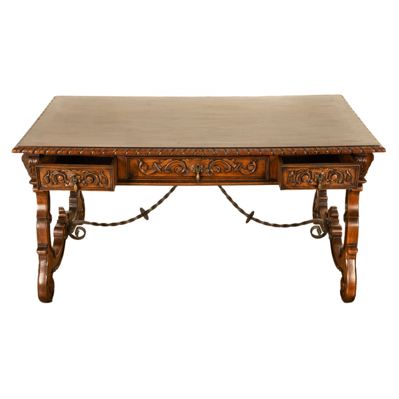 Antique Spanish Carved Walnut Baroque Partners Desk Writing Trestle Table 1880