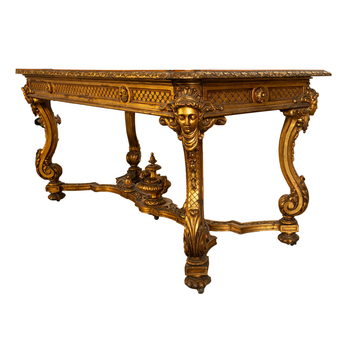 Antique French 19th Century Régence Giltwood Parquetry Center Console Table 1890