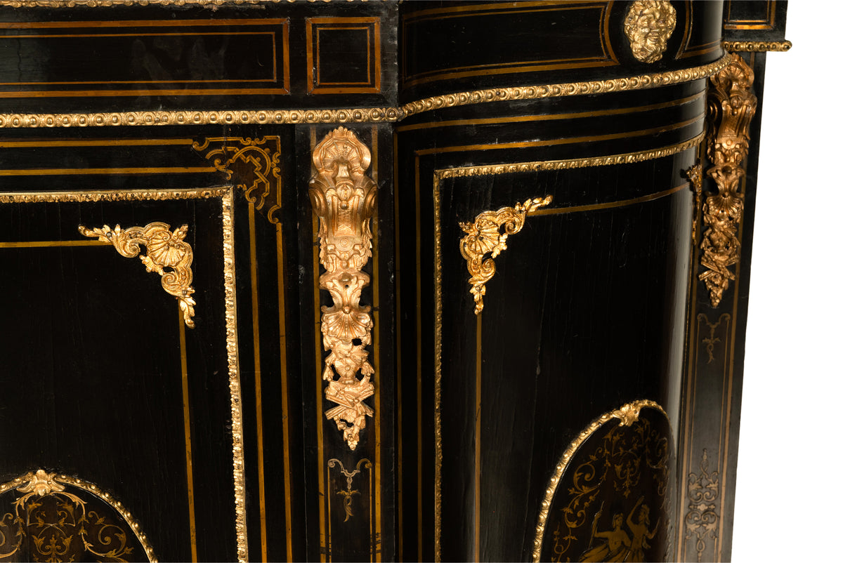 19th Century French Napoleon III Ormolu & Marble Ebonized Cabinet Sideboard 1860