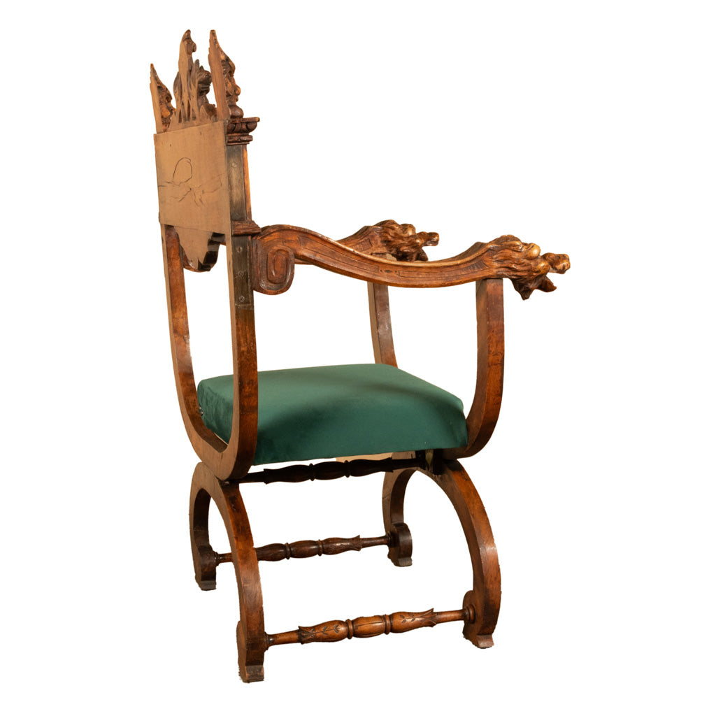 Antique Renaissance Revival Carved Walnut Green Man Savonarola Chair Circa 1890