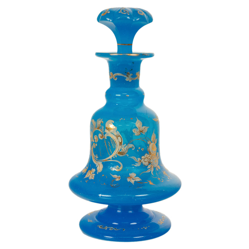 Antique Pair French Blue Opaline Gilded Enamel Glass Perfume Bottles Flacon 1850