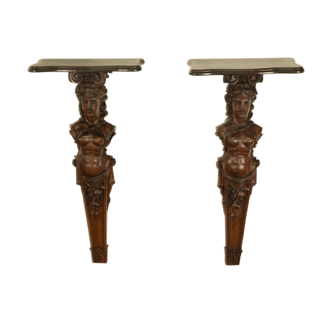 Antique 19thC Italian Carved Walnut Renaissance Revival Pair Caryatid Brackets, Circa 1850