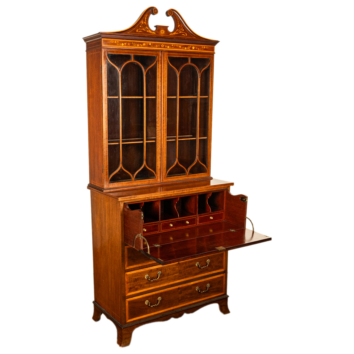 Antique Georgian Sheraton Marquetry Mahogany Bureau Bookcase Butler's Secretary Circa 1810