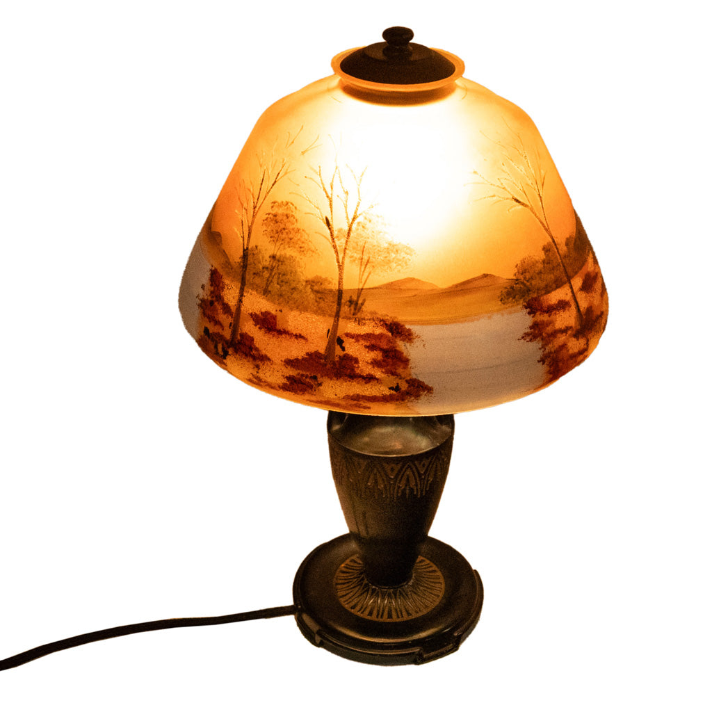 Antique Art Deco Moe Bridges Reverse Painted Landscape Boudoir Table Lamp 1920