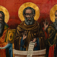 Antique Greek Eastern Orthodox Religious Painted Icon Egg Tempera 3 Saints 1780