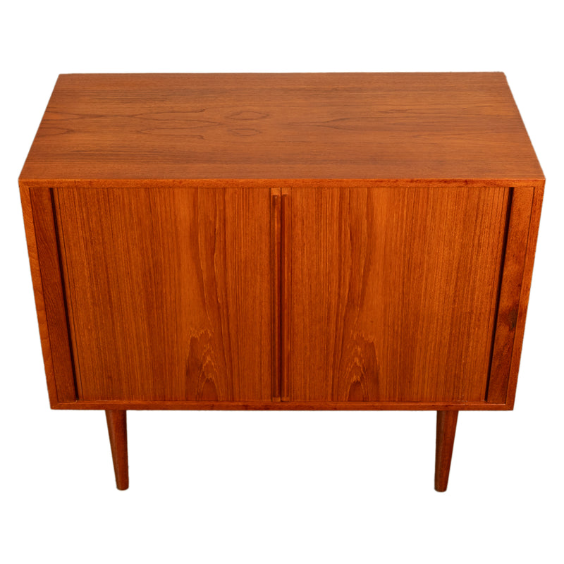 Danish Mid Century Modern Tambor Roll Front Teak Credenza Cabinet Kai Kristiansen Feldballes Møbelfabrik 1960